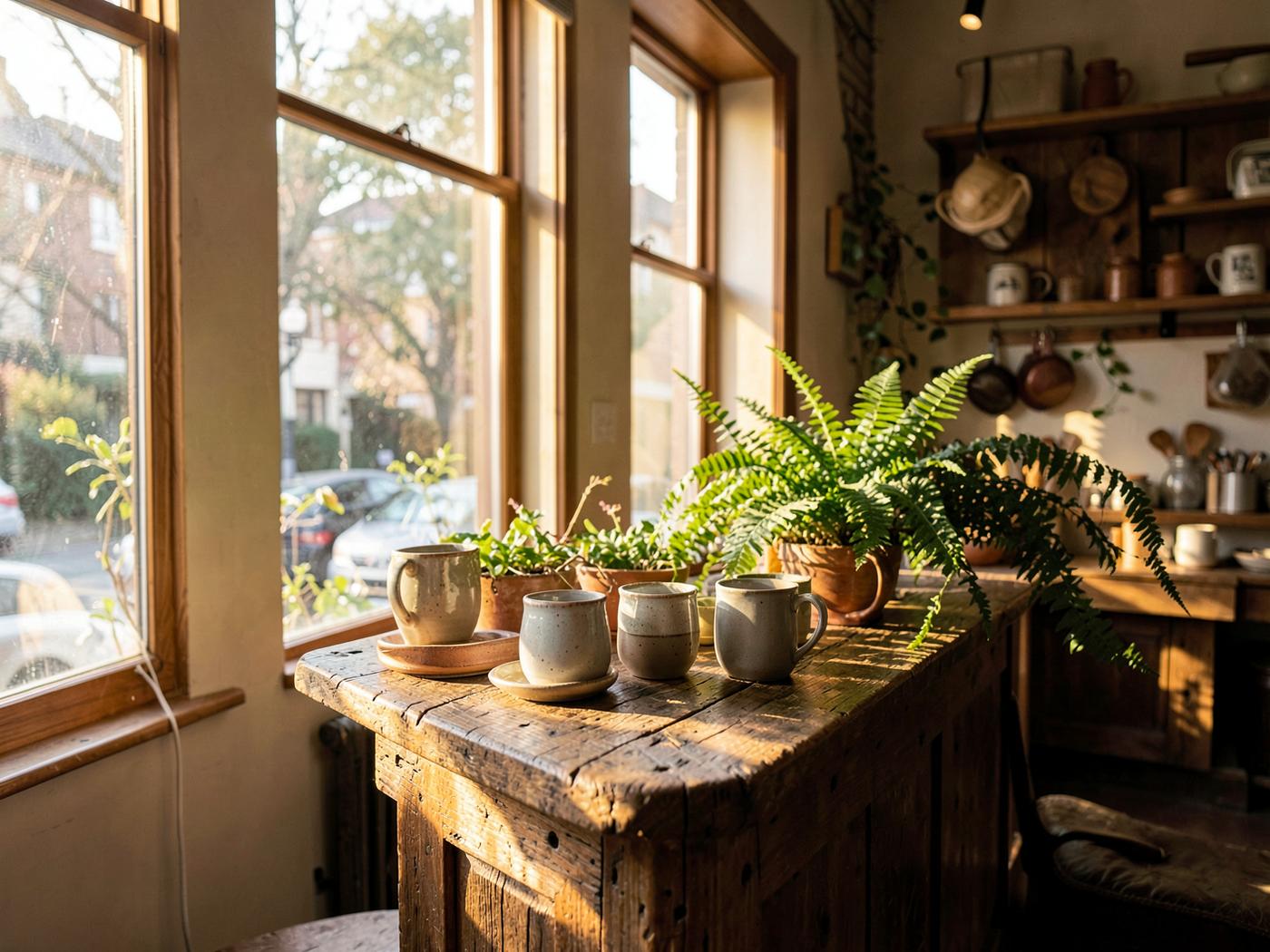 Interior acogedor de Little Fern con luz natural, tazas de cerámica y helechos